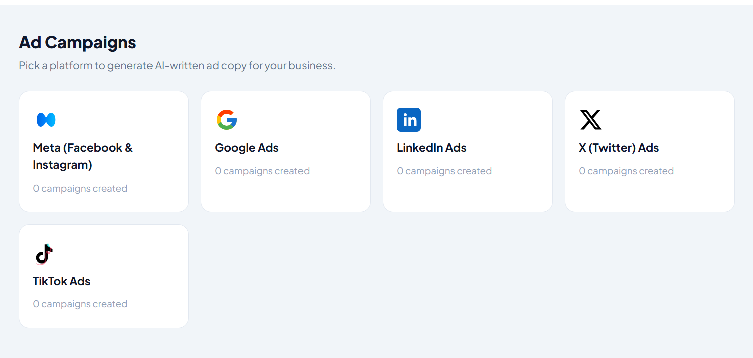 Busitrix ad campaign generator with Meta, Google, LinkedIn, X, and TikTok options