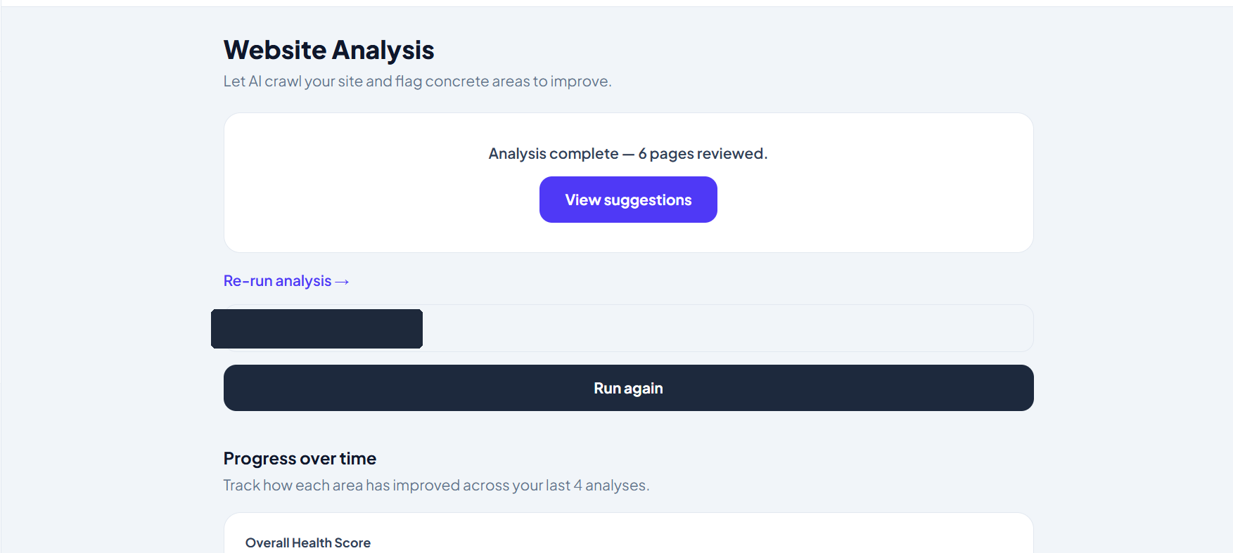 Busitrix website analysis screen showing a completed crawl and re-run option