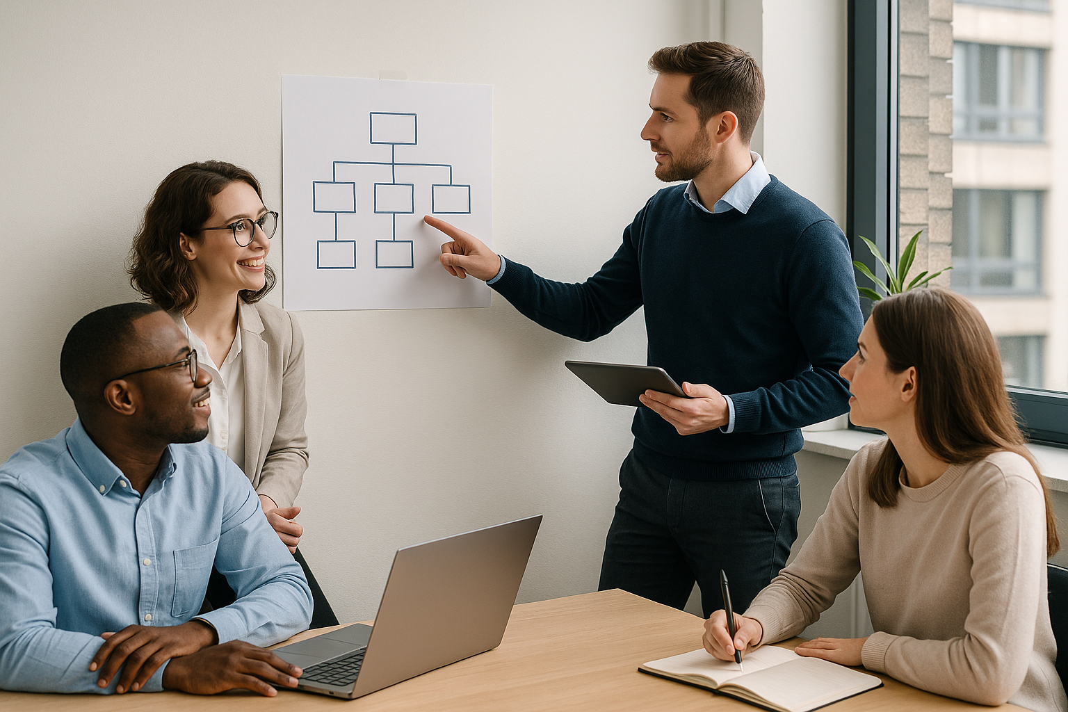 Startup team defining organizational structure in an office